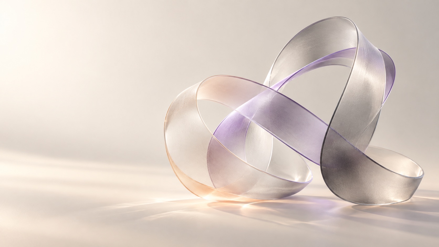 Translucent ribbons coming together in a calm, connected form